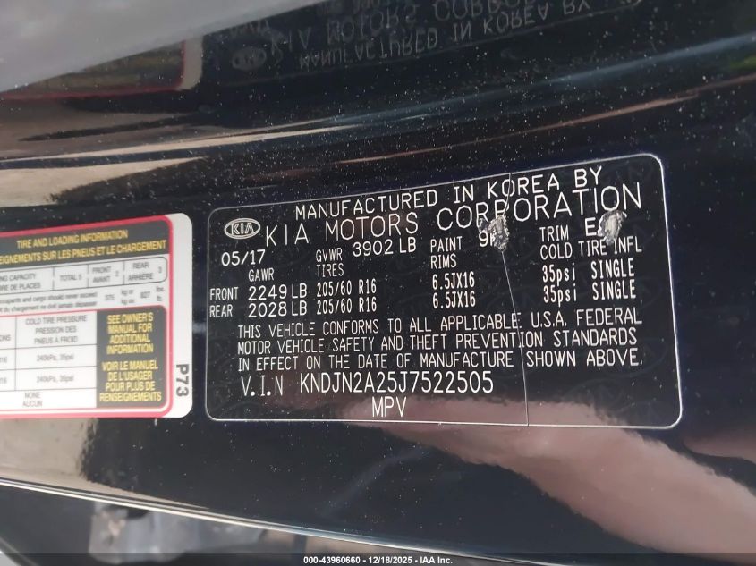 2018 Kia Soul VIN: KNDJN2A25J7522505 Lot: 43960660