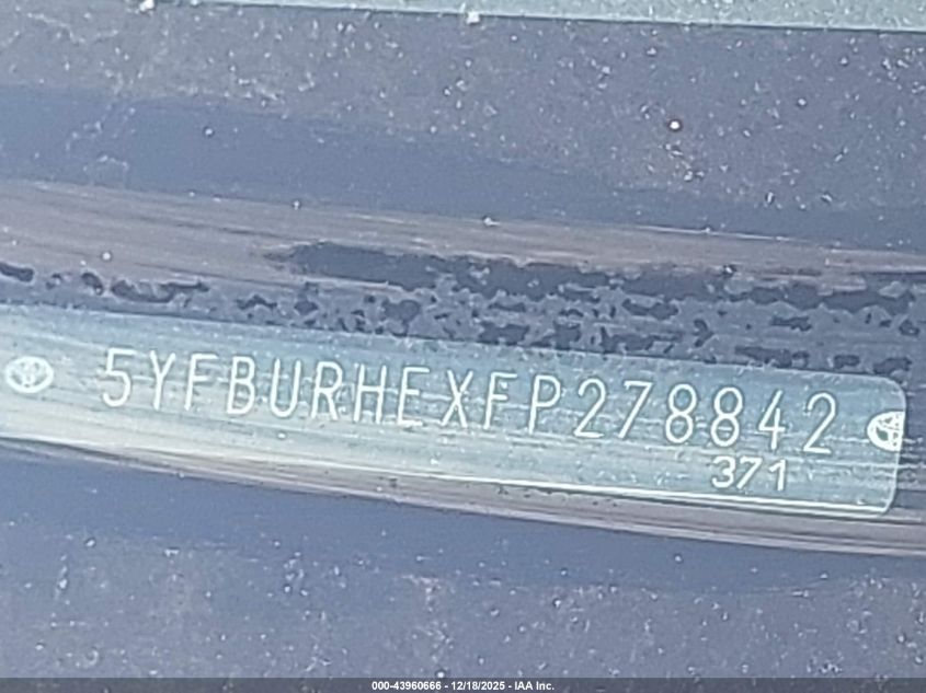 2015 Toyota Corolla Le VIN: 5YFBURHEXFP278842 Lot: 43960666