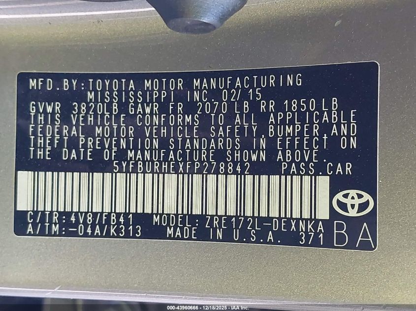 2015 Toyota Corolla Le VIN: 5YFBURHEXFP278842 Lot: 43960666