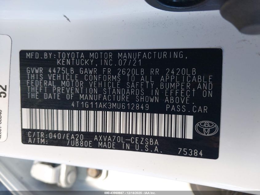 2021 Toyota Camry Se VIN: 4T1G11AK3MU612849 Lot: 43960667