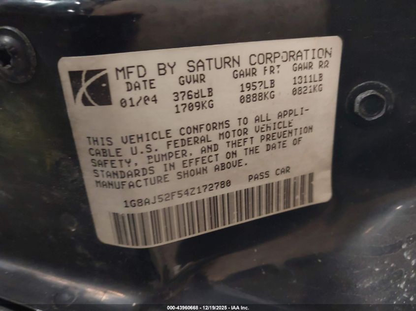2004 Saturn Ion 2 VIN: 1G8AJ52F54Z172780 Lot: 43960668
