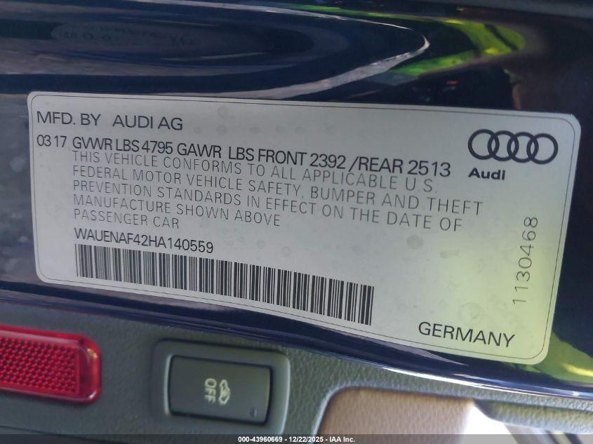 2017 Audi A4 2.0T Premium VIN: WAUENAF42HA140559 Lot: 43960669