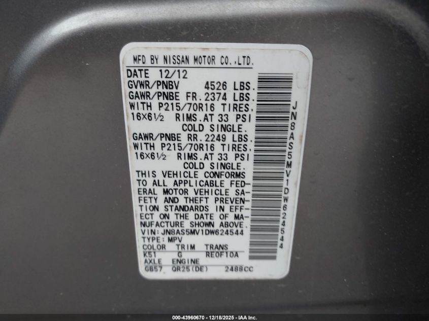 2013 Nissan Rogue S VIN: JN8AS5MV1DW624544 Lot: 43960670