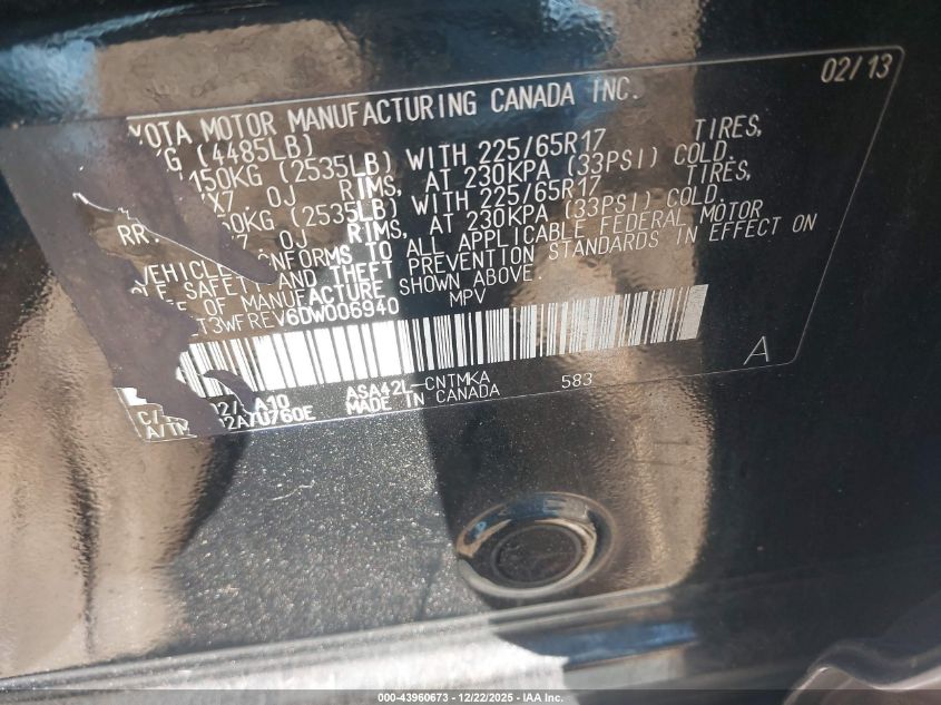 2013 Toyota Rav4 Xle VIN: 2T3WFREV6DW006940 Lot: 43960673