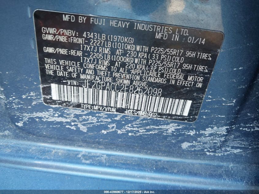 2014 Subaru Xv Crosstrek 2.0I Premium VIN: JF2GPACC2E8262098 Lot: 43960677