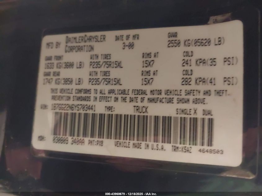 2000 Dodge Dakota Slt/Sport VIN: 1B7GG22N6YS703441 Lot: 43960679