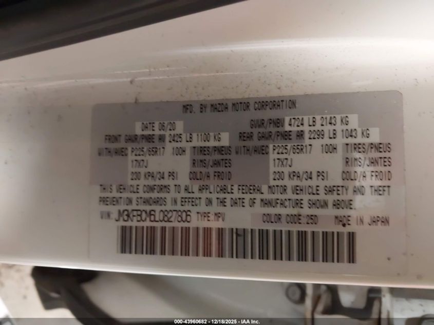 2020 Mazda Cx-5 Touring VIN: JM3KFBCM6L0827806 Lot: 43960682