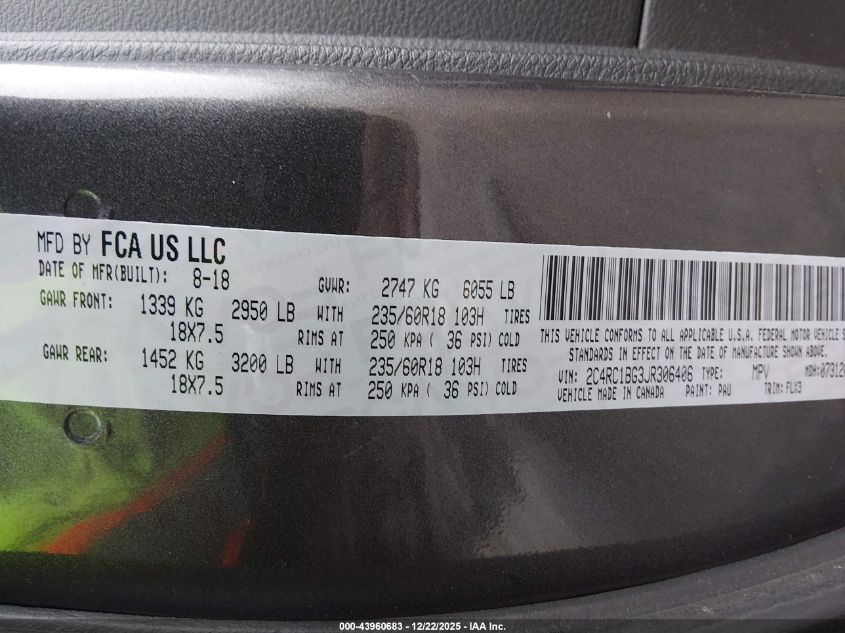 2018 Chrysler Pacifica Touring L VIN: 2C4RC1BG3JR306406 Lot: 43960683