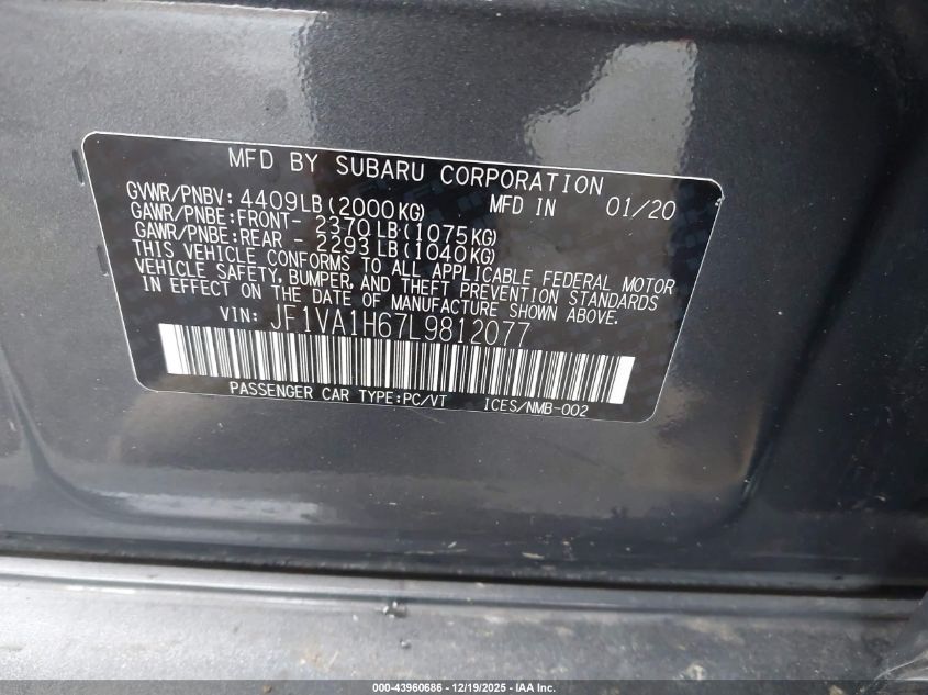 2020 Subaru Wrx Limited VIN: JF1VA1H67L9812077 Lot: 43960686