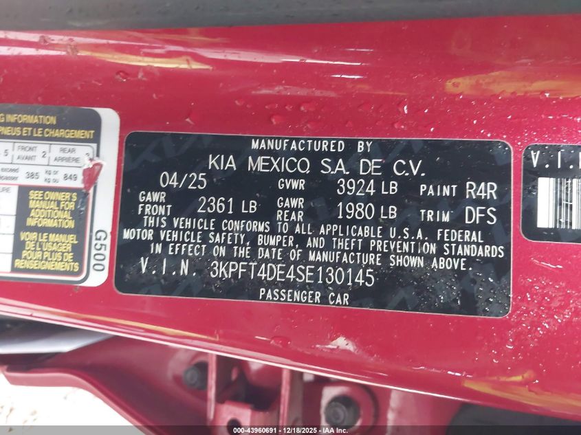 2025 Kia K4 Lxs VIN: 3KPFT4DE4SE130145 Lot: 43960691