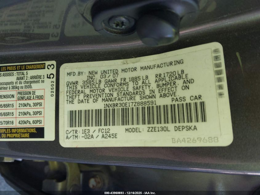 2007 Toyota Corolla S VIN: 1NXBR30E17Z888591 Lot: 43960693