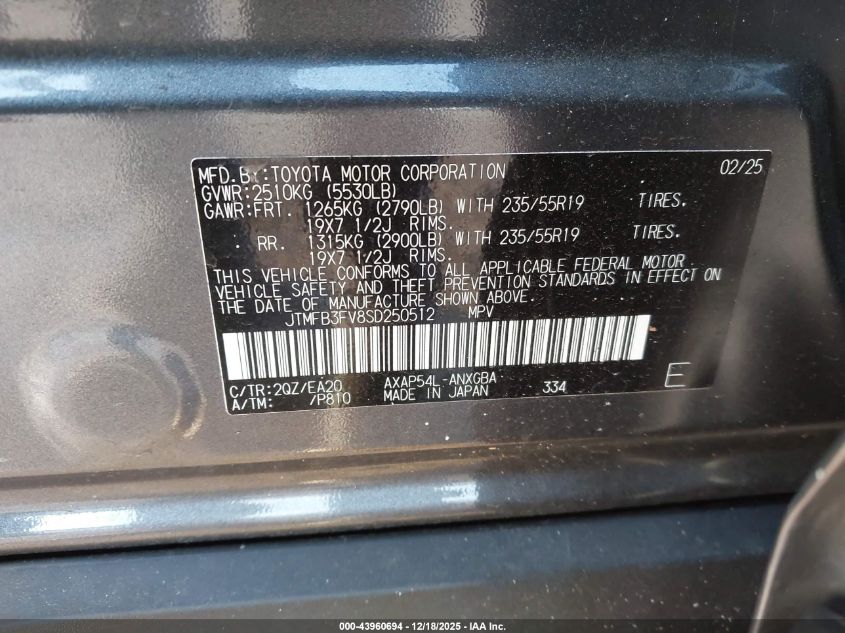 2025 Toyota Rav4 Plug-In Hybrid Xse VIN: JTMFB3FV8SD250512 Lot: 43960694