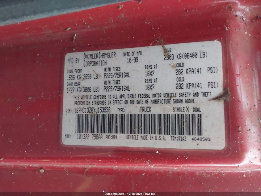 2000 Dodge Ram 1500 St VIN: 1B7HC13Z8YJ153936 Lot: 43960695