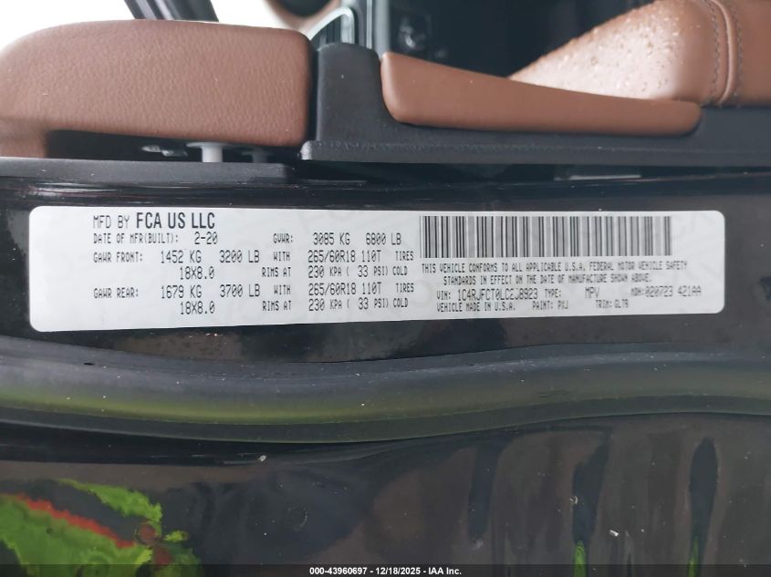 2020 Jeep Grand Cherokee Overland 4X4 VIN: 1C4RJFCT0LC298923 Lot: 43960697