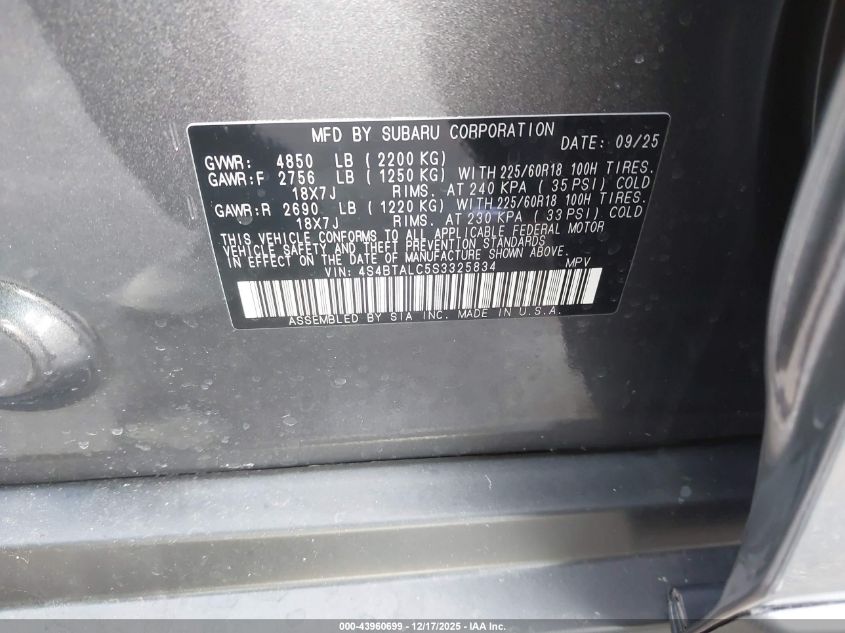 2025 Subaru Outback Onyx Edition VIN: 4S4BTALC5S3325834 Lot: 43960699