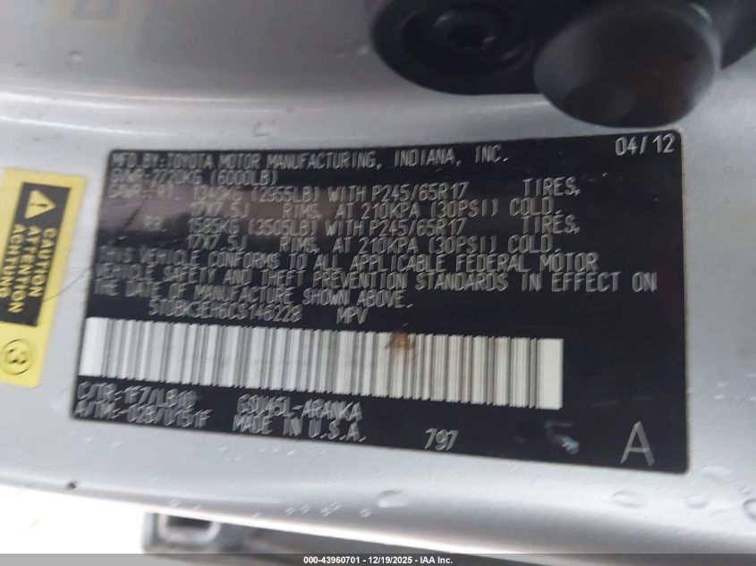 2012 Toyota Highlander Se V6 VIN: 5TDBK3EH6CS146228 Lot: 43960701