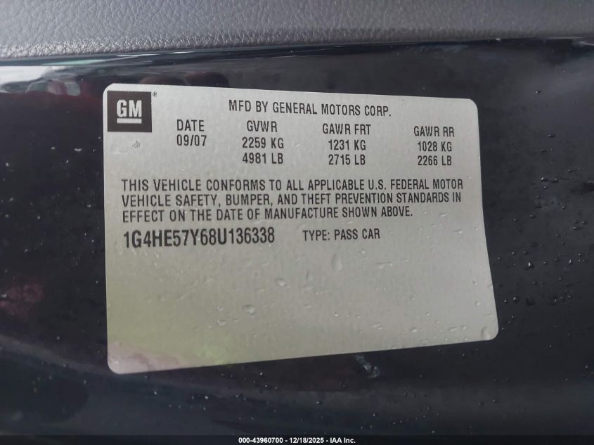 2008 Buick Lucerne Cxs VIN: 1G4HE57Y68U136338 Lot: 43960700