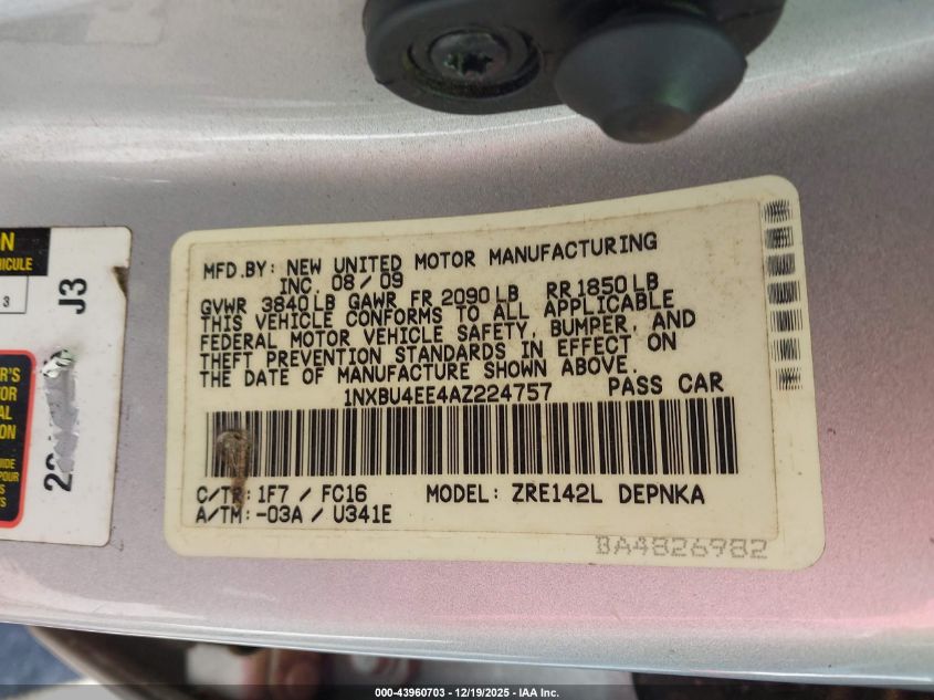 2010 Toyota Corolla Xle VIN: 1NXBU4EE4AZ224757 Lot: 43960703