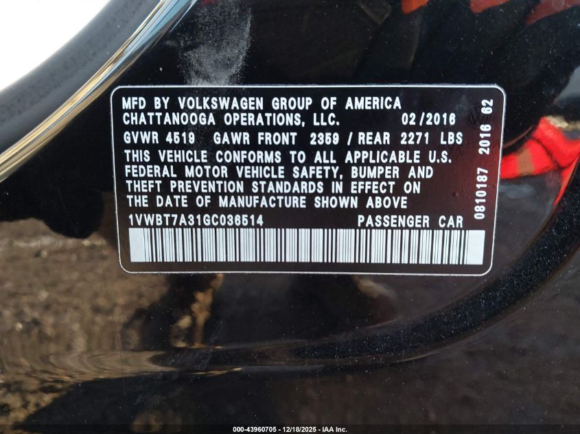 2016 Volkswagen Passat 1.8T Se VIN: 1VWBT7A31GC036514 Lot: 43960705