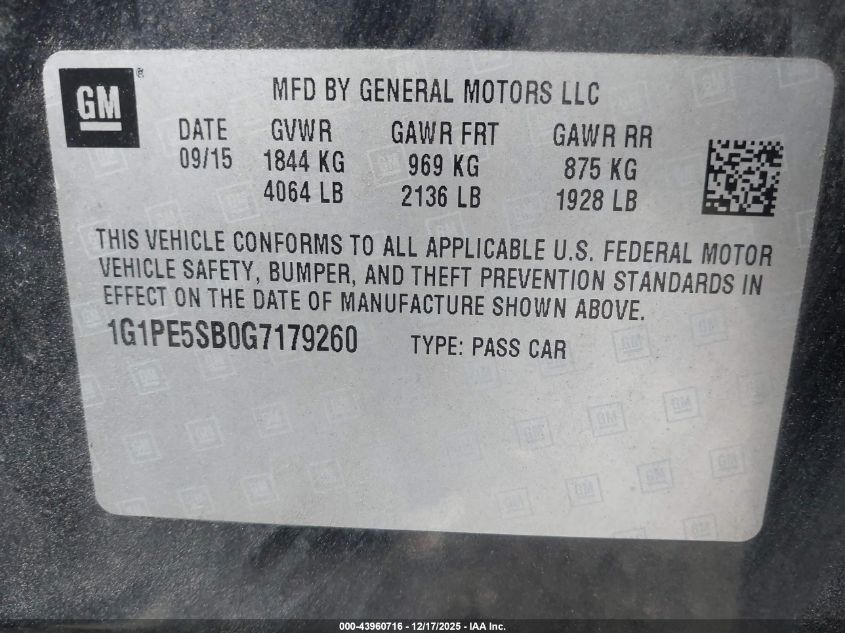 2016 Chevrolet Cruze Limited 1Lt Auto VIN: 1G1PE5SB0G7179260 Lot: 43960716