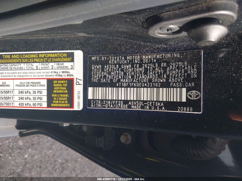 2014 Toyota Camry Se VIN: 4T1BF1FK0EU423162 Lot: 43960719