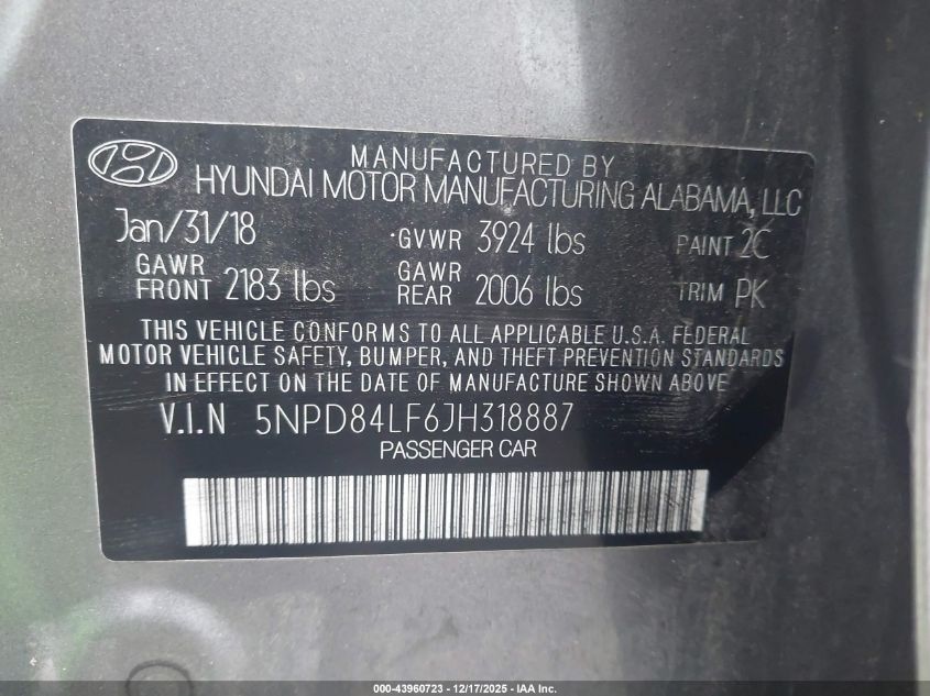 2018 Hyundai Elantra Sel VIN: 5NPD84LF6JH318887 Lot: 43960723