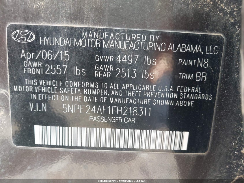 5NPE24AF1FH218311 2015 HYUNDAI SONATA photo no. 9