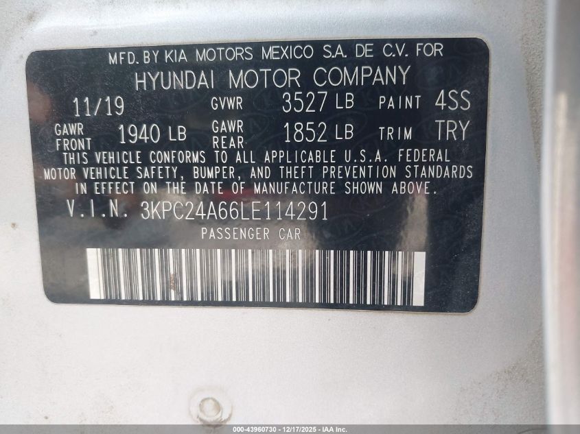 2020 Hyundai Accent Se VIN: 3KPC24A66LE114291 Lot: 43960730