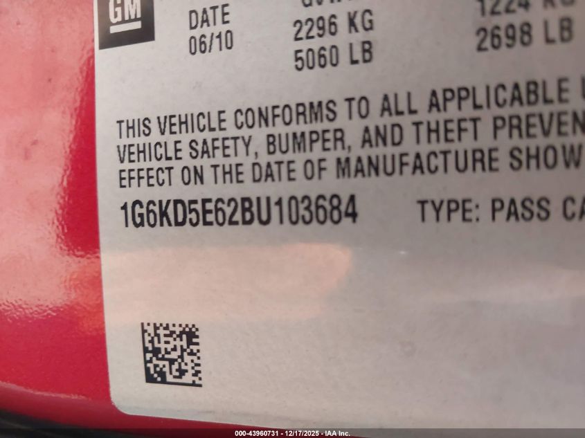 2011 Cadillac Dts Luxury Collection VIN: 1G6KD5E62BU103684 Lot: 43960731
