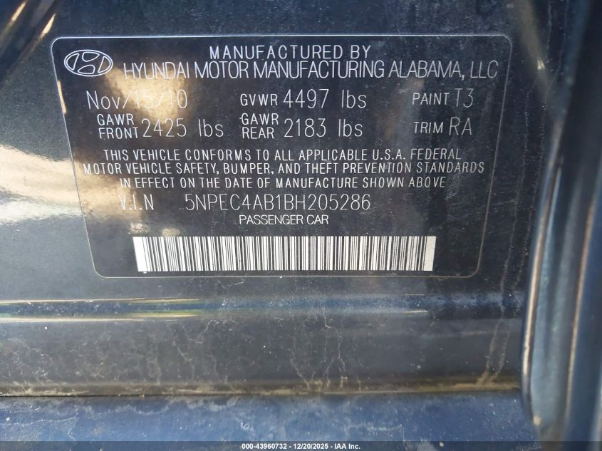 2011 Hyundai Sonata Se 2.0T VIN: 5NPEC4AB1BH205286 Lot: 43960732