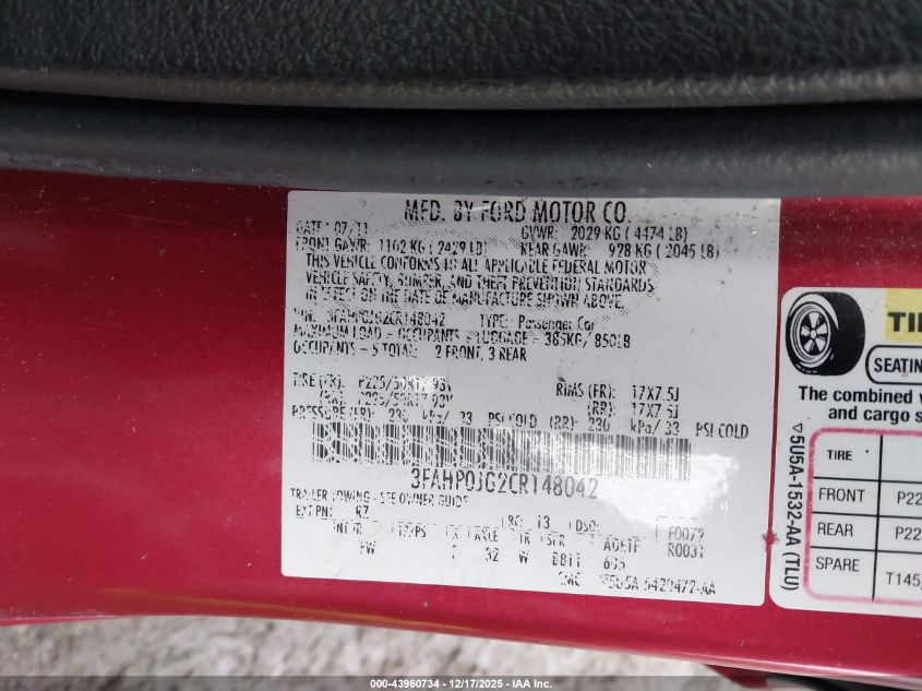 2012 Ford Fusion Sel VIN: 3FAHP0JG2CR148042 Lot: 43960734