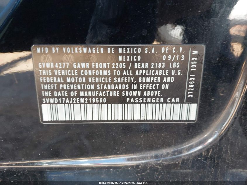 2014 Volkswagen Jetta 1.8T Se VIN: 3VWD17AJ2EM219560 Lot: 43960735