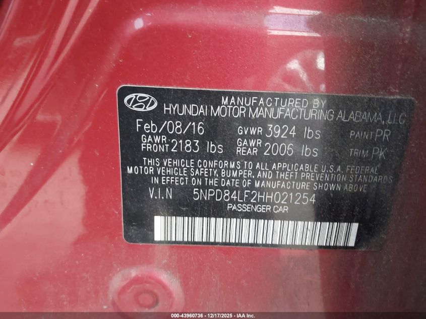 2017 Hyundai Elantra Limited VIN: 5NPD84LF2HH021254 Lot: 43960736