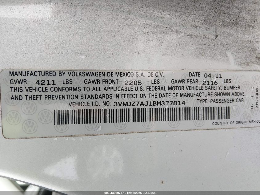 2011 Volkswagen Jetta 2.5L Se VIN: 3VWDZ7AJ1BM377814 Lot: 43960737