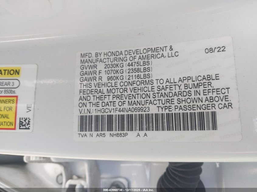 2022 Honda Accord Sport Special Edition VIN: 1HGCV1F44NA069923 Lot: 43960738