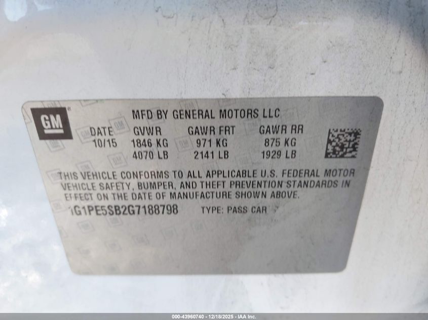 2016 Chevrolet Cruze Limited 1Lt Auto VIN: 1G1PE5SB2G7188798 Lot: 43960740