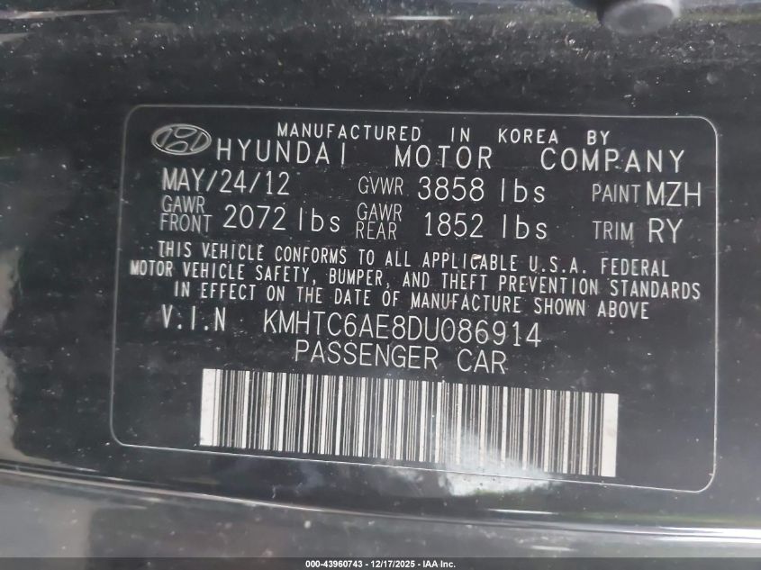 2013 Hyundai Veloster Turbo W/Blue VIN: KMHTC6AE8DU086914 Lot: 43960743