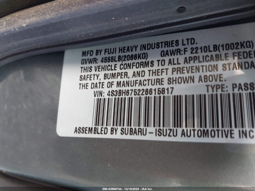 2002 Subaru Outback VIN: 4S3BH675226615817 Lot: 43960744