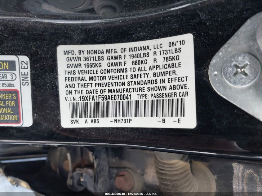 2010 Honda Civic Lx VIN: 19XFA1F59AE070041 Lot: 43960748