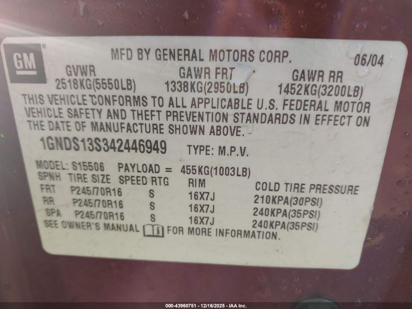 2004 Chevrolet Trailblazer Lt VIN: 1GNDS13S342446949 Lot: 43960751