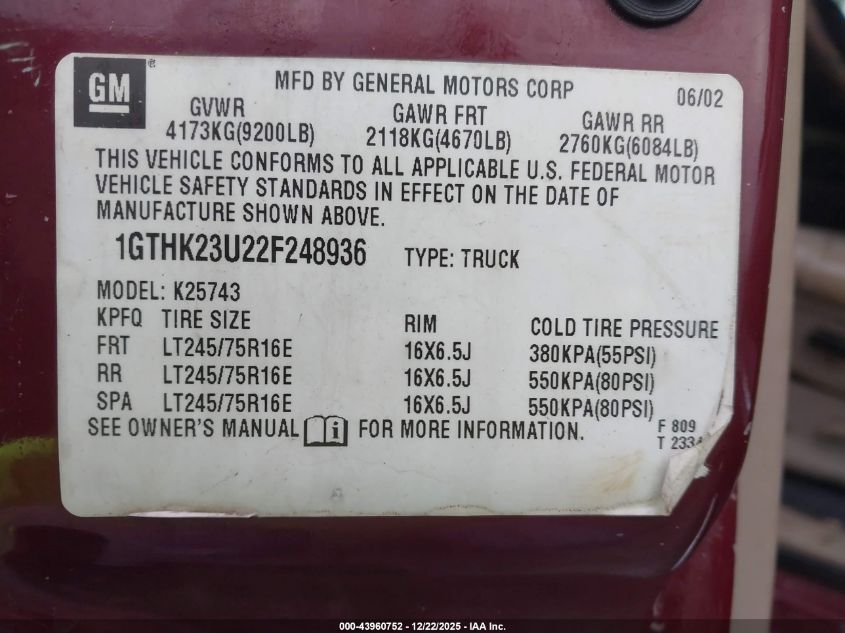 2002 GMC Sierra 2500Hd Sle VIN: 1GTHK23U22F248936 Lot: 43960752