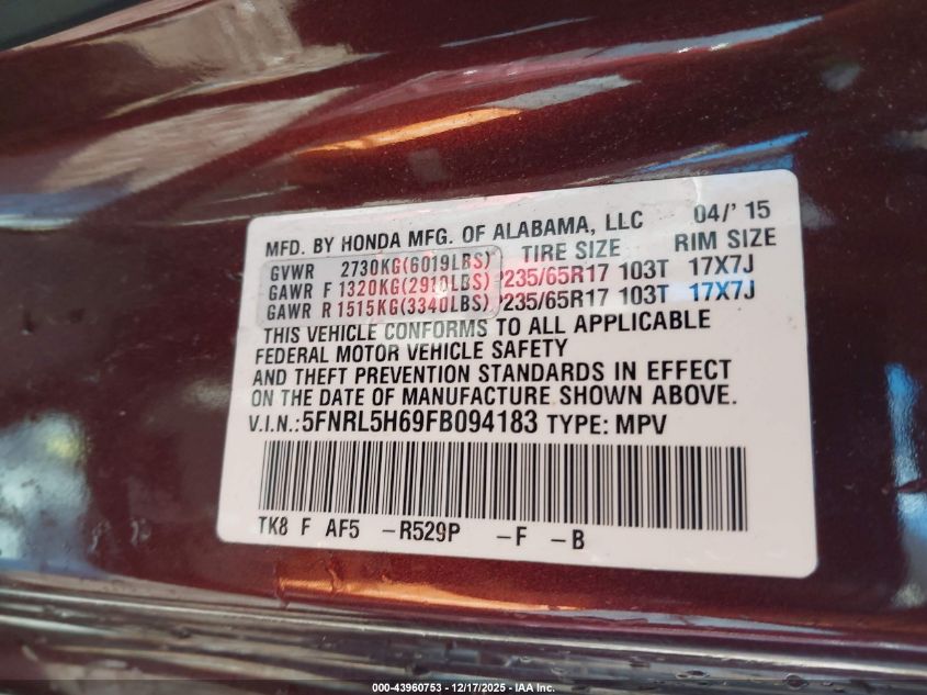 2015 Honda Odyssey Ex-L VIN: 5FNRL5H69FB094183 Lot: 43960753