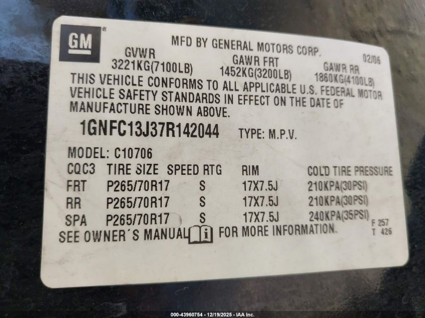 2007 Chevrolet Tahoe Lt VIN: 1GNFC13J37R142044 Lot: 43960754