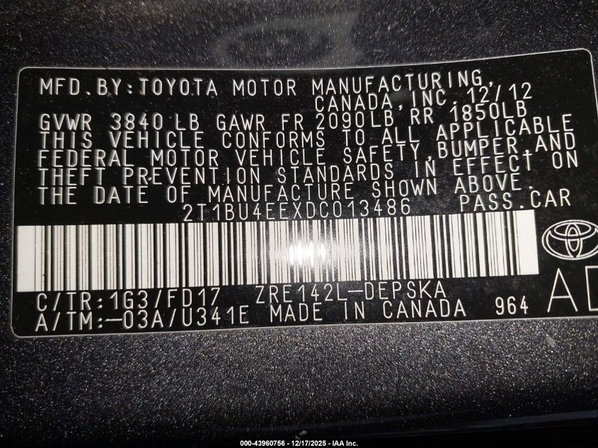 2013 Toyota Corolla S VIN: 2T1BU4EEXDC013486 Lot: 43960756