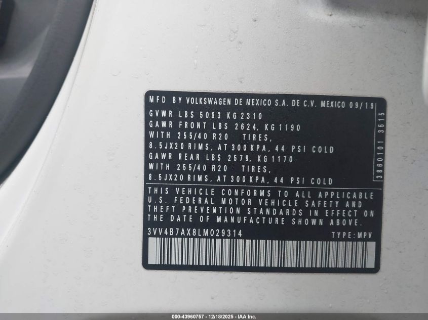 2020 Volkswagen Tiguan 2.0T Sel Premium R-Line VIN: 3VV4B7AX8LM029314 Lot: 43960757