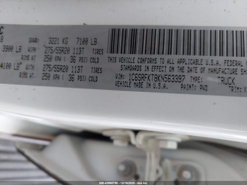 2019 Ram 1500 Longhorn 4X4 5'7 Box VIN: 1C6SRFKT8KN563397 Lot: 43960758