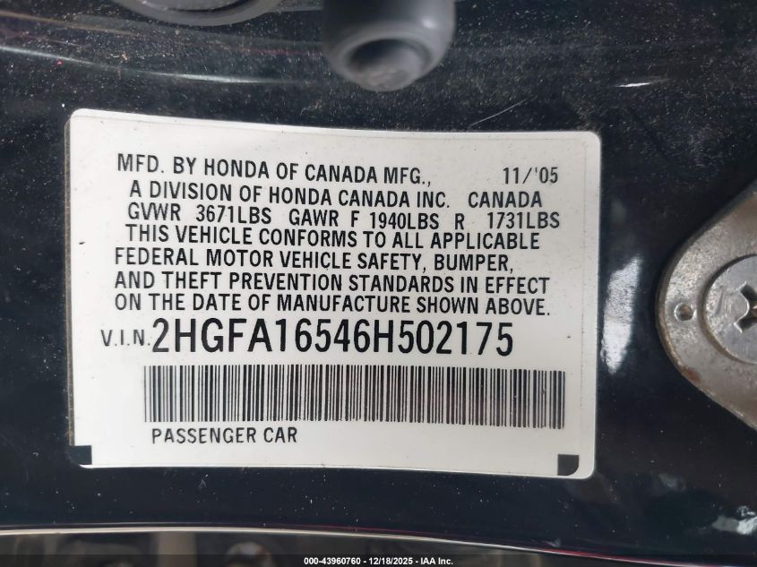 2006 Honda Civic Lx VIN: 2HGFA16546H502175 Lot: 43960760