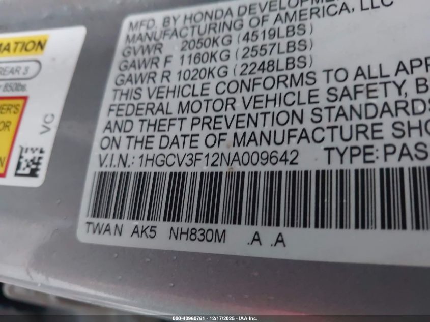 2022 Honda Accord Hybrid VIN: 1HGCV3F12NA009642 Lot: 43960761