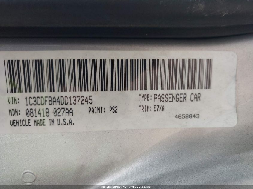 2013 Dodge Dart Sxt VIN: 1C3CDFBA4DD137245 Lot: 43960762