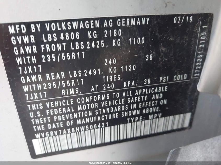 2017 Volkswagen Tiguan 2.0T Wolfsburg Edition VIN: WVGRV7AX8HW506421 Lot: 43960765